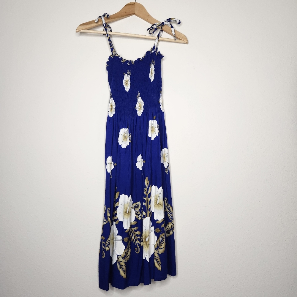 Hibiscus Collection Hawaiian Womens Small OS Blue Floral Midi Dress Smocked